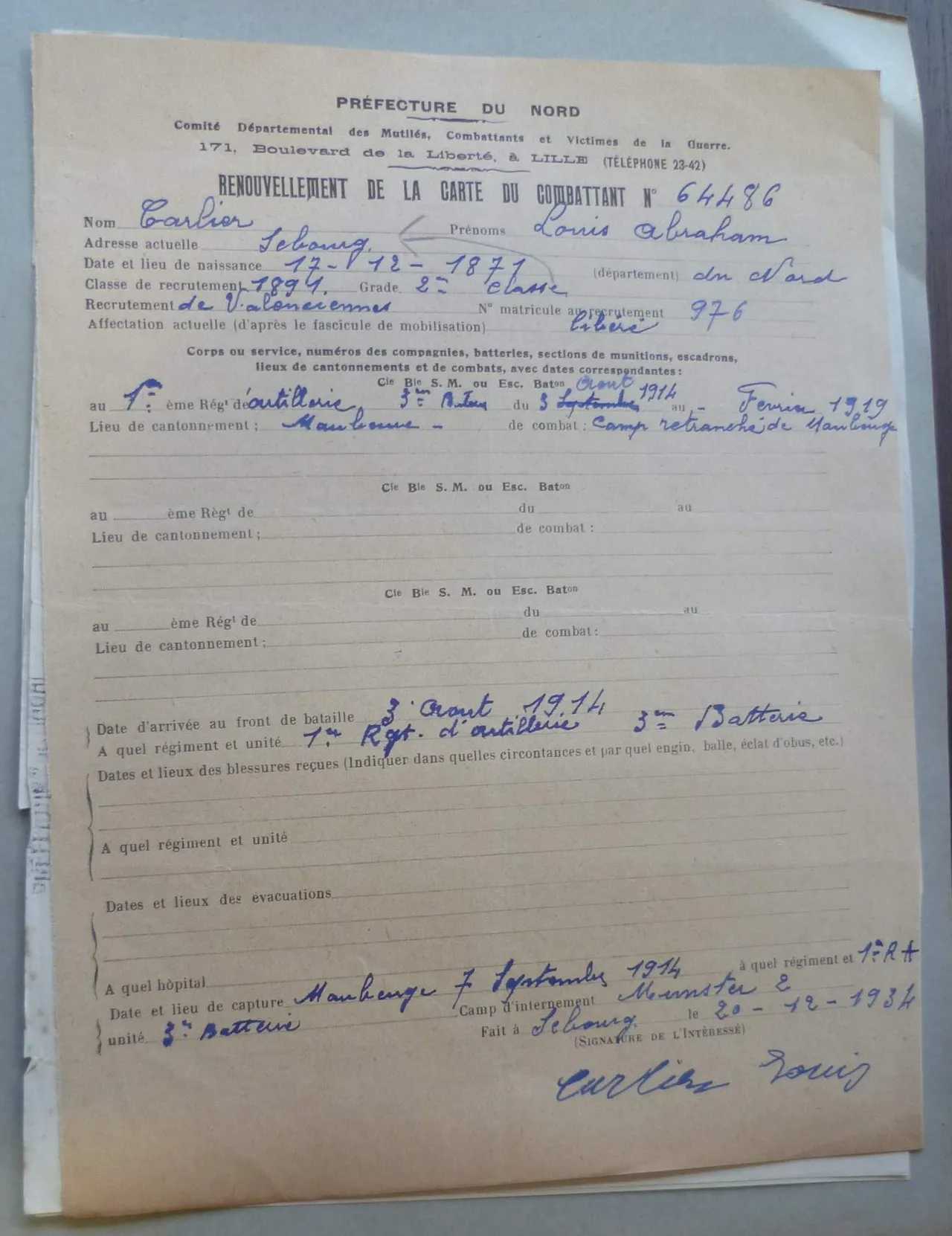 vignette du dossier d'ancien combattant de CARLIER_Louis_Abraham