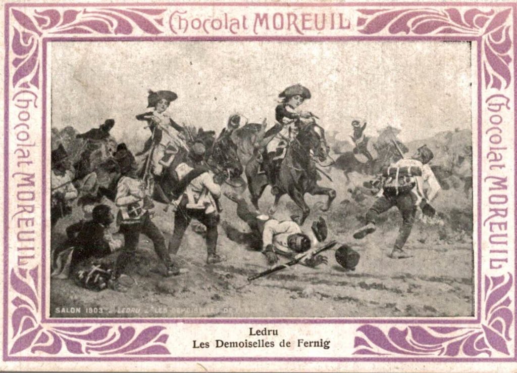 Les demoiselles de Fernig, reproduction d'un tableau de Ledru de 1903 sur une image du chocolat Moreuil.