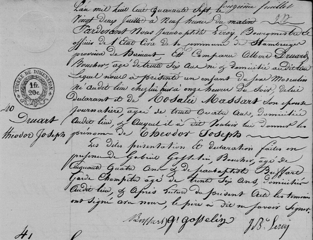 Acte de naissance de Théodore Druart. Il est né en 1847 à Stambruges, en Belgique.