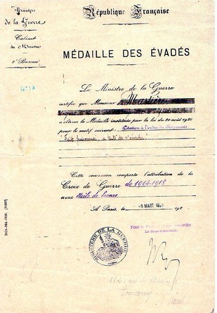 Médaille des évadés ayant appartenue au prisonnier Henri Marlière