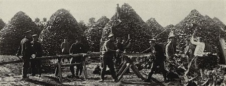Prisonniers occupés à fendre du bois dans le camp de Münster pendant la Première Guerre Mondiale