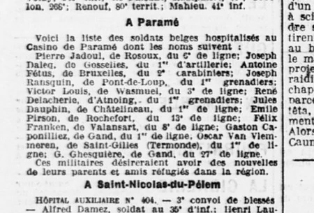 Liste de soldats belges blessés et soignés au Casino de Paramé