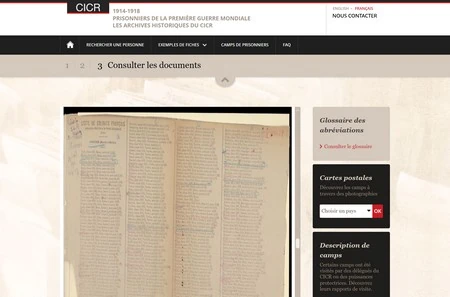 capture d'écran du site du CICR consacré à la Grande Guerre