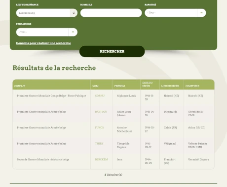 Capture d'écran du site Dead War Register avec des luxembourgeois