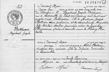 Acte de d&eacute;c&egrave;s de Rapha&euml;l BOTTIAU issu des AD du Nord