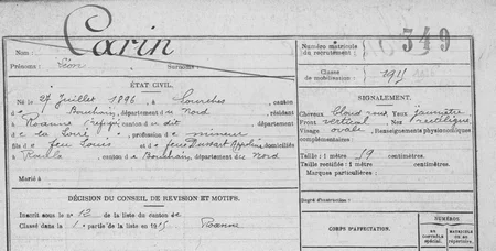 extrait de la fiche matricule de L&eacute;on CARIN