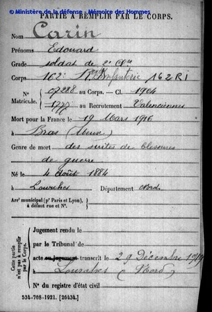 Fiche de mort pour la France d'Edouard CARIN