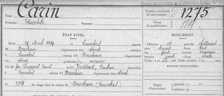Extrait de la fiche matricule de Th&eacute;ophile CARIN
