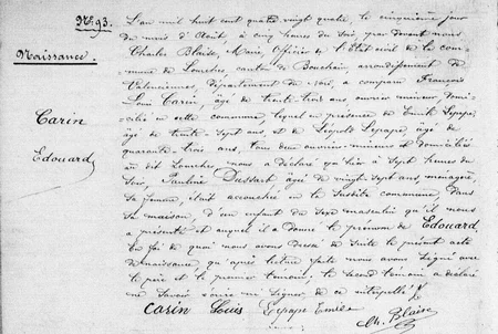 Copie de l'acte de naissance d'Edouard CARIN