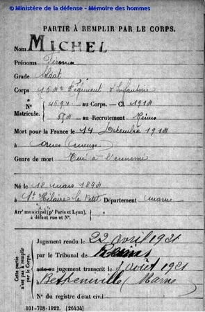 Fiche de mort pour la France de Firmin MICHEL