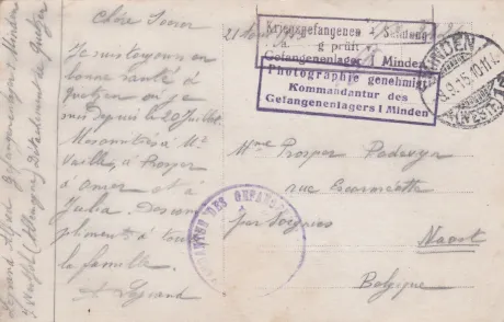 Alfred LEGRAND et un groupe de prisonniers (verso d'une carte postale)