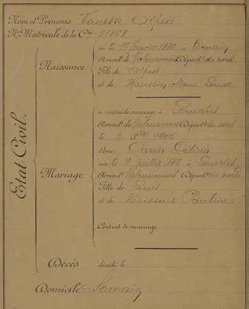 Extrait du dossier de mineur &agrave; la Compagnie des Mines d'Aniche, division de Somain, d'Alfred VANESSE