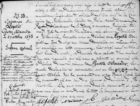 Acte de naissance de Gaston ARNOULD dat&eacute; de 1893 &agrave; B&eacute;theniville