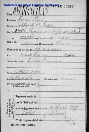 Fiche de mort pour la France de Henri Ren&eacute; ARNOULD