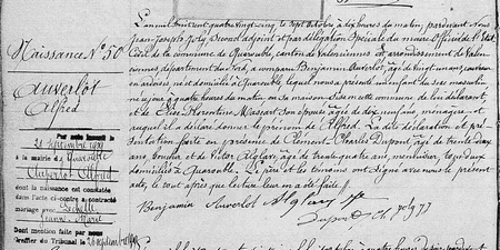 Acte de naissance d'Alfred Auverlot &agrave; Quarouble dat&eacute; de 1885