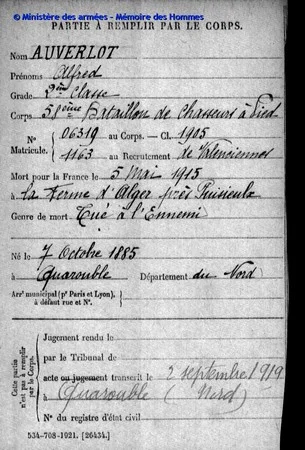 fiche de mort pour la France d'Alfred Auverlot trouv&eacute;e sur le site M&eacute;moire des Hommes