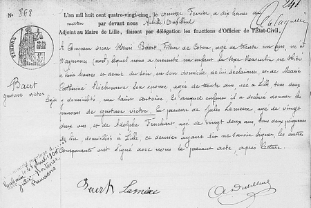 Acte de naissance de Gustave BAERT numérisé par les archives départementales du Nord