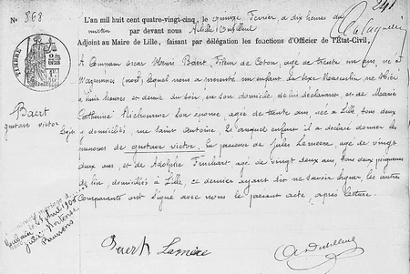 Acte de naissance de Gustave BAERT num&eacute;ris&eacute; par les archives d&eacute;partementales du Nord