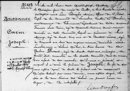 Acte de naissance de Joseph CARIN dat&eacute; du 15 juillet 1894