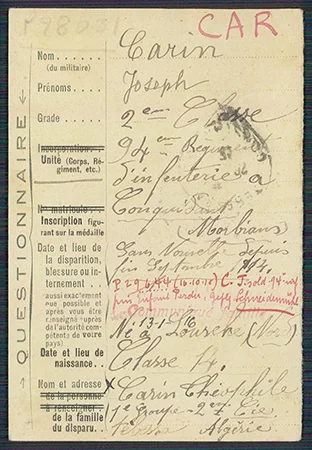 Fiche de prisonnier issue des archives de la Croix-Rouge concernant Joseph CARIN
