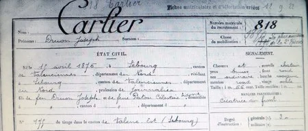 Extrait de la fiche matricule de Druon CARLIER