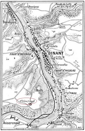 Localisation de la ferme du Rond Chêne sur une carte de Dinant et ses environs