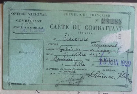 carte d'ancien combattant de Florimond LETIENNE trouv&eacute;e aux Archives D&eacute;partementales