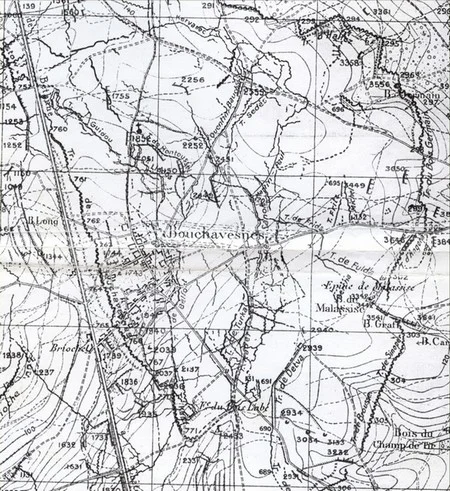 Emplacement des tranch&eacute;es dans la r&eacute;gion de Bouchavesnes pendant la Grande Guerre