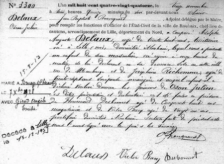 Acte de naissance d'Oscar DELAUX, n&eacute; &agrave; Roubaix en 1894