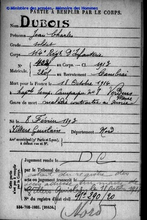 Fiche de mort pour la France de Jean Charles DUBOIS