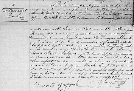 Acte de naissance d'Emile MASCART num&eacute;ris&eacute; par les archives du Nord