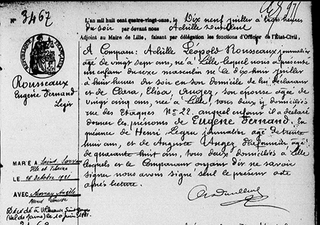 Acte de naisasance d'Eug&egrave;ne Fernand ROUSSEAUX dat&eacute; de 1891