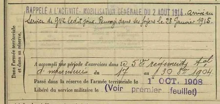 Extrait de la fiche matricule d'Alphonse FROIDUROT