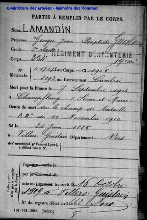 Fiche "Mort pour la France" de Georges LAMANDIN