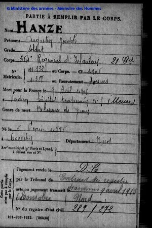 Fiche de mort pour la France d'Augustin HANZE