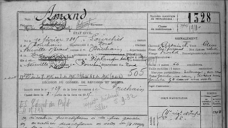 Extrait de la fiche matricule de Hoche Amand disponible aux archives d&eacute;partementales