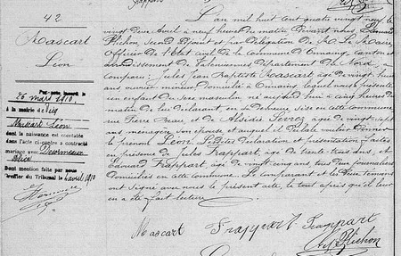 Acte de naissance de L&eacute;on MASCART dat&eacute; de 1889 et num&eacute;ris&eacute; par les Archives du Nord