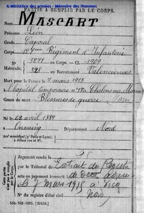 Fiche de Mort pour la France de L&eacute;on MASCART