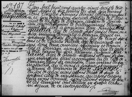 Acte de naissance de Jean-Baptiste MASQUELLIER &agrave; Denain le 16 mars 1883