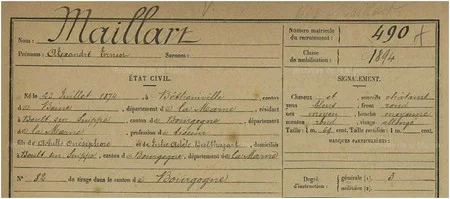 Extrait de la fiche matricule du soldat Alexandre MAILLART
