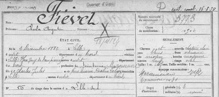 Extrait de la fiche matricule de Charles Augustin FIEVET