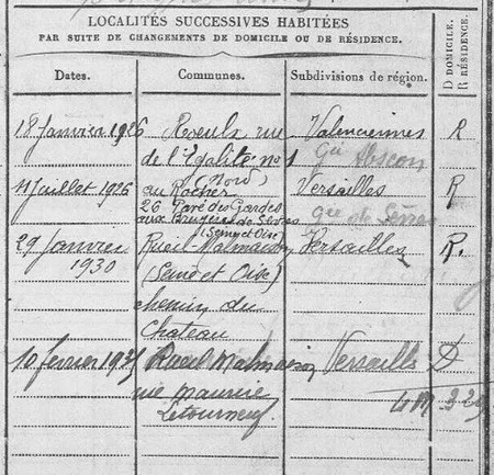 Extrait de la fiche matricule de Marceau AMAND contenant la liste de ses domiciles