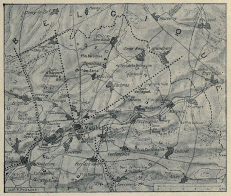 carte de l'emplacement des forts de la place forte de Maubeuge et la position des troupes le 3 septembre 1914
