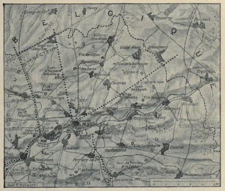 carte de l'emplacement des forts de la place forte de Maubeuge et la position des troupes le 3 septembre 1914