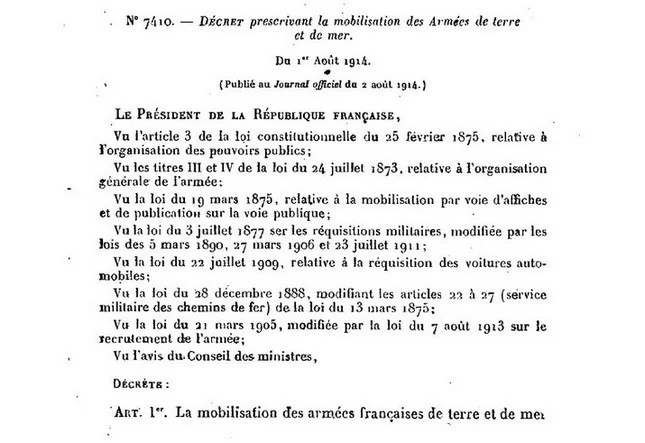 Texte du d&eacute;cret de mobilisation g&eacute;n&eacute;rale dat&eacute; du 1er ao&ucirc;t 1914