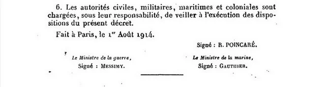 Texte du d&eacute;cret de mobilisation g&eacute;n&eacute;rale dat&eacute; du 1er ao&ucirc;t 1914