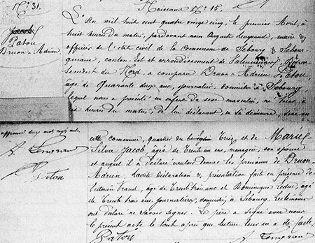 Copie de l'acte de naissance de Druon Adrien PATOU issu des archives départementales