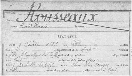 Extrait de la fiche matricule du soldat Louis Henri ROUSSEAUX