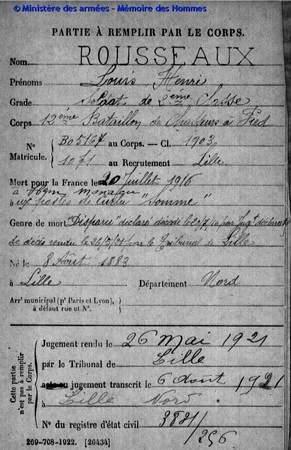 Fiche de mort pour la France de Louis ROUSSEAUX