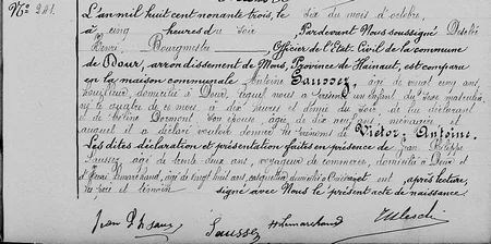 Acte de naissance de Victor SAUSSEZ dat&eacute; de 1893 et num&eacute;ris&eacute; par les archives belges